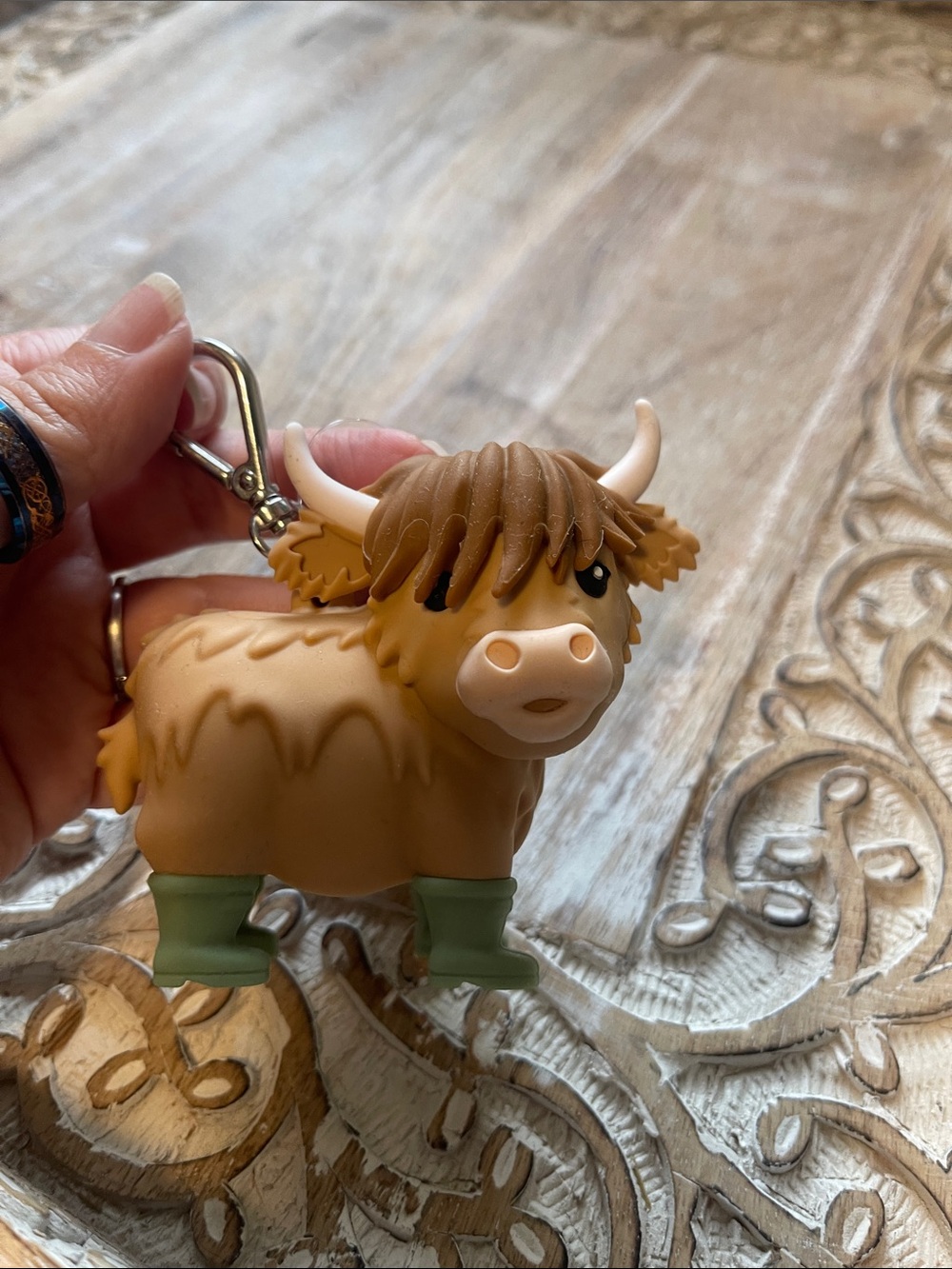 Brown Highland Cow Keychain with Green Boots Pocketbac Holder